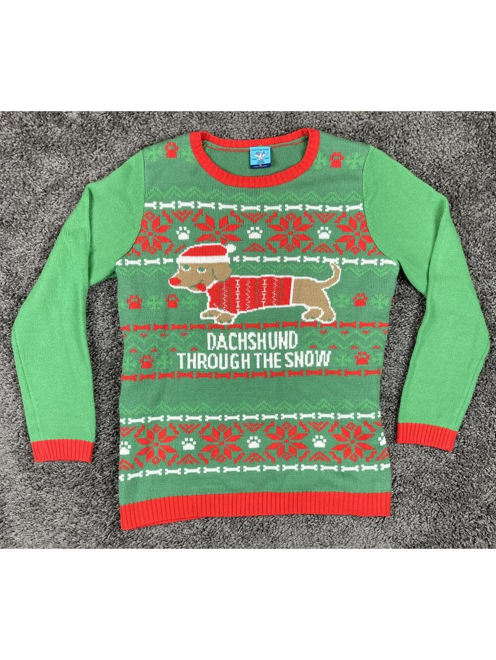 Norther Pole Ugly Christmas Sweater Women's Green Dachshund Through Snow Sz L